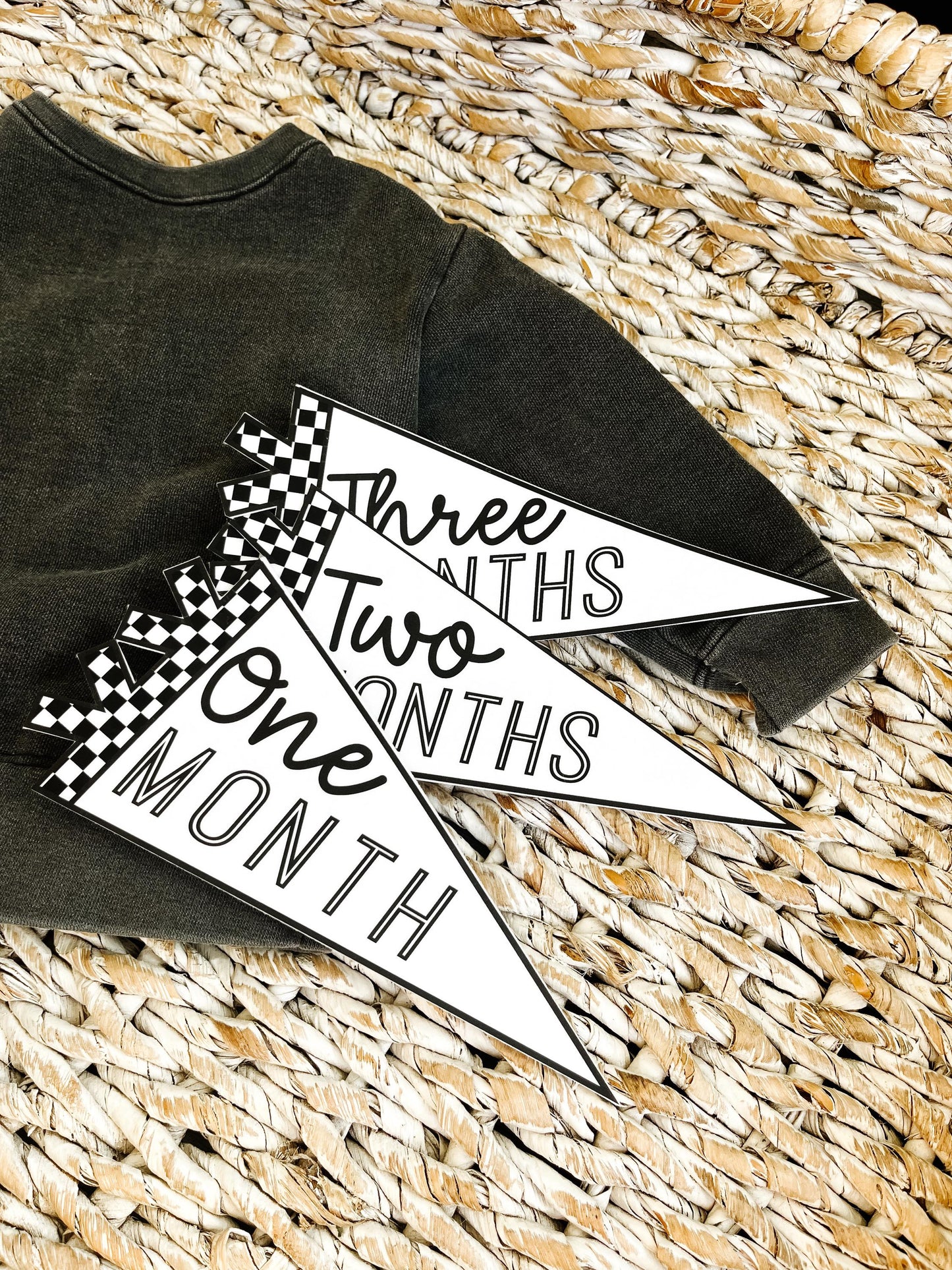 Black and White Checker Felt Pennant Monthly Milestones | Set of 13 | Includes Hello World