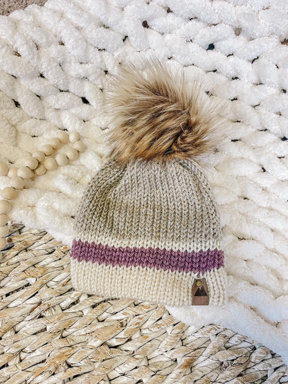 Oatmeal Cream Purple Striped | Handmade | Knit | Beanie | Toddler