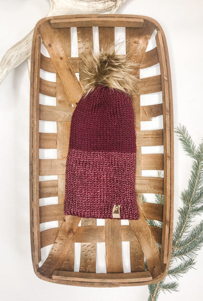 Cozy Knit Toque with Detachable Faux Fur Pom Pom Fall and Winter Hat for Women Burgundy Two Tone Toque