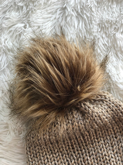 Cozy Knit Toque with Detachable Faux Fur Pom Pom Fall and Winter Hat for Women Oatmeal Cream & Green Toque