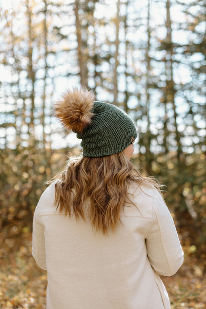 Cozy Knit Toque with Detachable Faux Fur Pom Pom Fall and Winter Hat for Women Rocky Mountain Green Toque