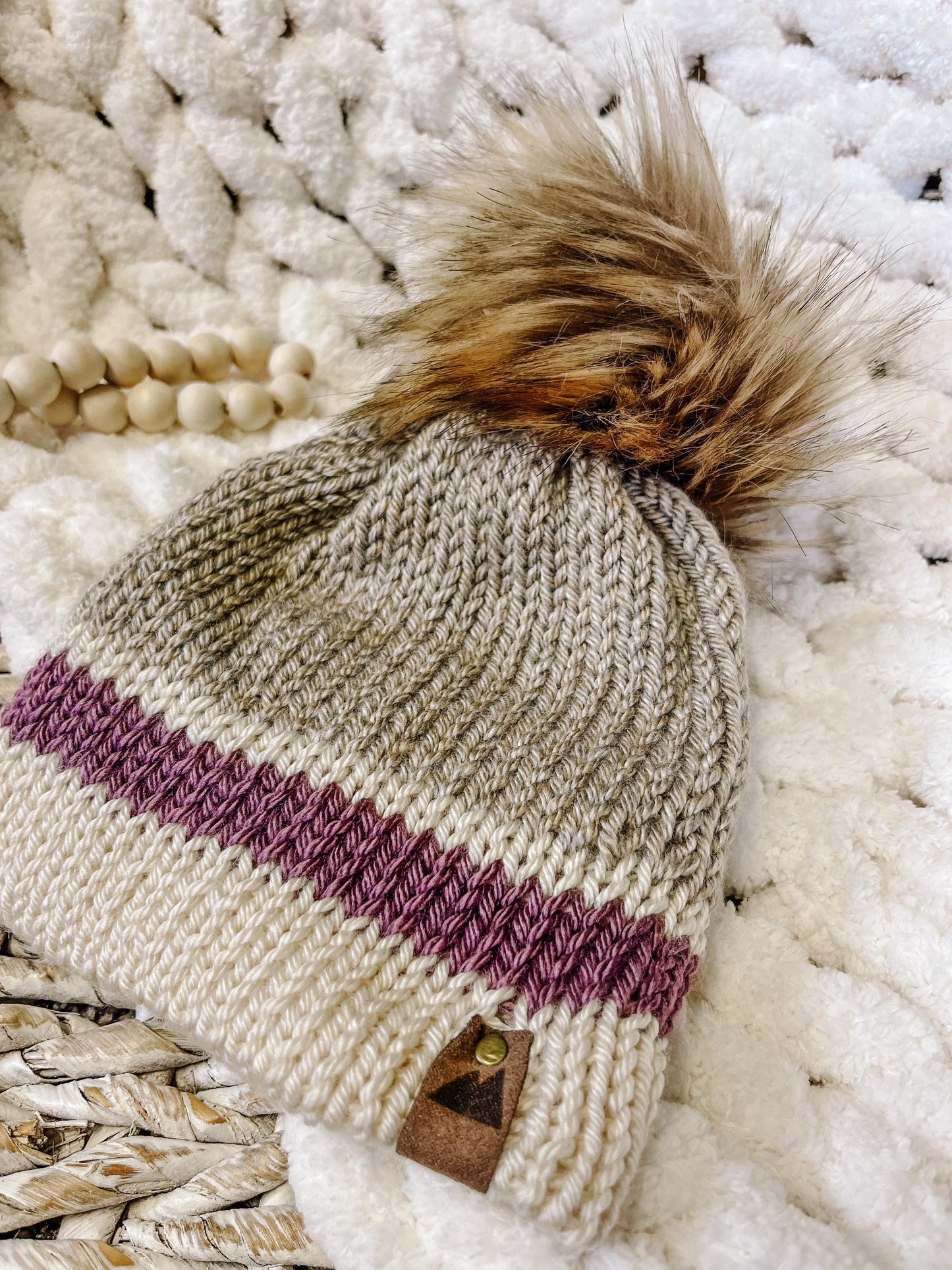 Oatmeal Cream Purple Striped | Handmade | Knit | Beanie | Toddler