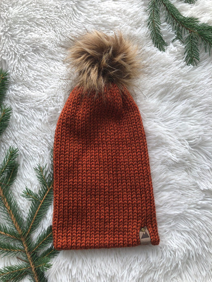 Cozy Knit Toque with Detachable Faux Fur Pom Pom Fall and Winter Hat for Women Rust Orange Toque