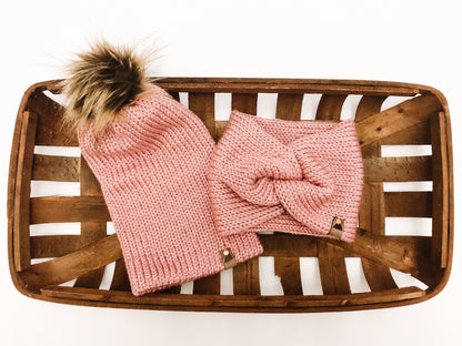 Cozy Knit Toque with Detachable Faux Fur Pom Pom Fall and Winter Hat for Women Blush Pink Toque