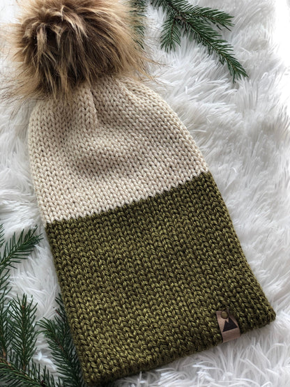 Cozy Knit Toque with Detachable Faux Fur Pom Pom Fall and Winter Hat for Women Cream & Green Toque