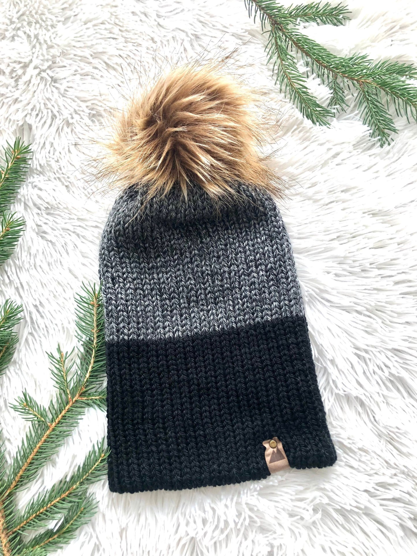 Cozy Knit Toque with Detachable Faux Fur Pom Pom Fall and Winter Hat for Women Grey Graphite & Black Two Tone Toque