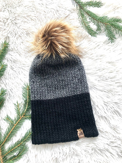 Cozy Knit Toque with Detachable Faux Fur Pom Pom Fall and Winter Hat for Women Grey Graphite & Black Two Tone Toque