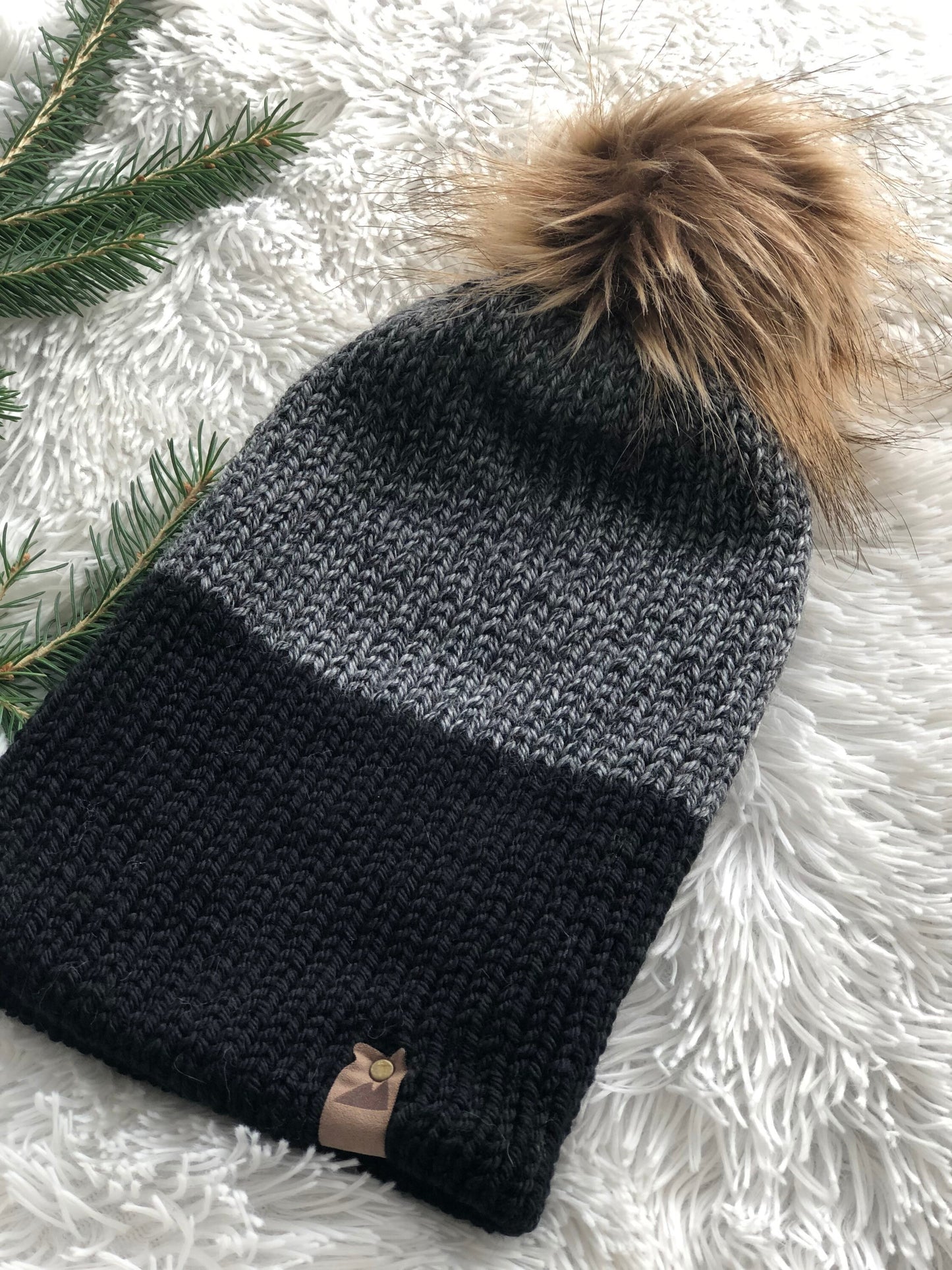 Cozy Knit Toque with Detachable Faux Fur Pom Pom Fall and Winter Hat for Women Grey Graphite & Black Two Tone Toque