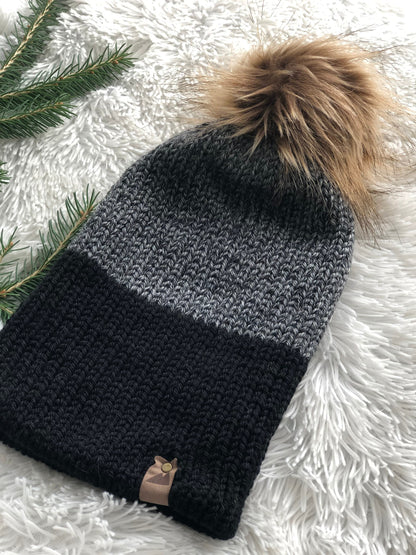 Cozy Knit Toque with Detachable Faux Fur Pom Pom Fall and Winter Hat for Women Grey Graphite & Black Two Tone Toque