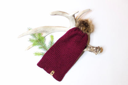 Cozy Knit Toque with Detachable Faux Fur Pom Pom Fall and Winter Hat for Women Burgundy Berry Toque