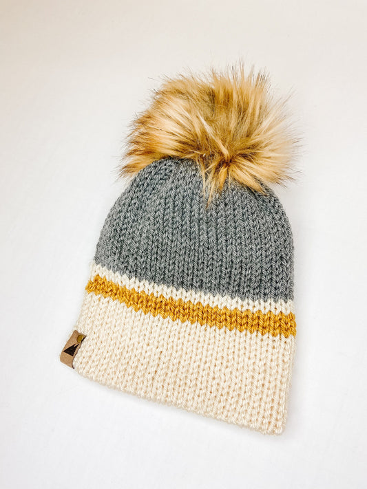 Grey Cream Mustard Striped | Handmade | Knit | Beanie | Toddler