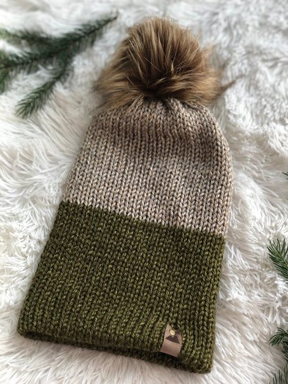 Cozy Knit Toque with Detachable Faux Fur Pom Pom Fall and Winter Hat for Women Oatmeal Cream & Green Toque