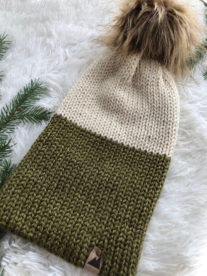 Cozy Knit Toque with Detachable Faux Fur Pom Pom Fall and Winter Hat for Women Cream & Green Toque