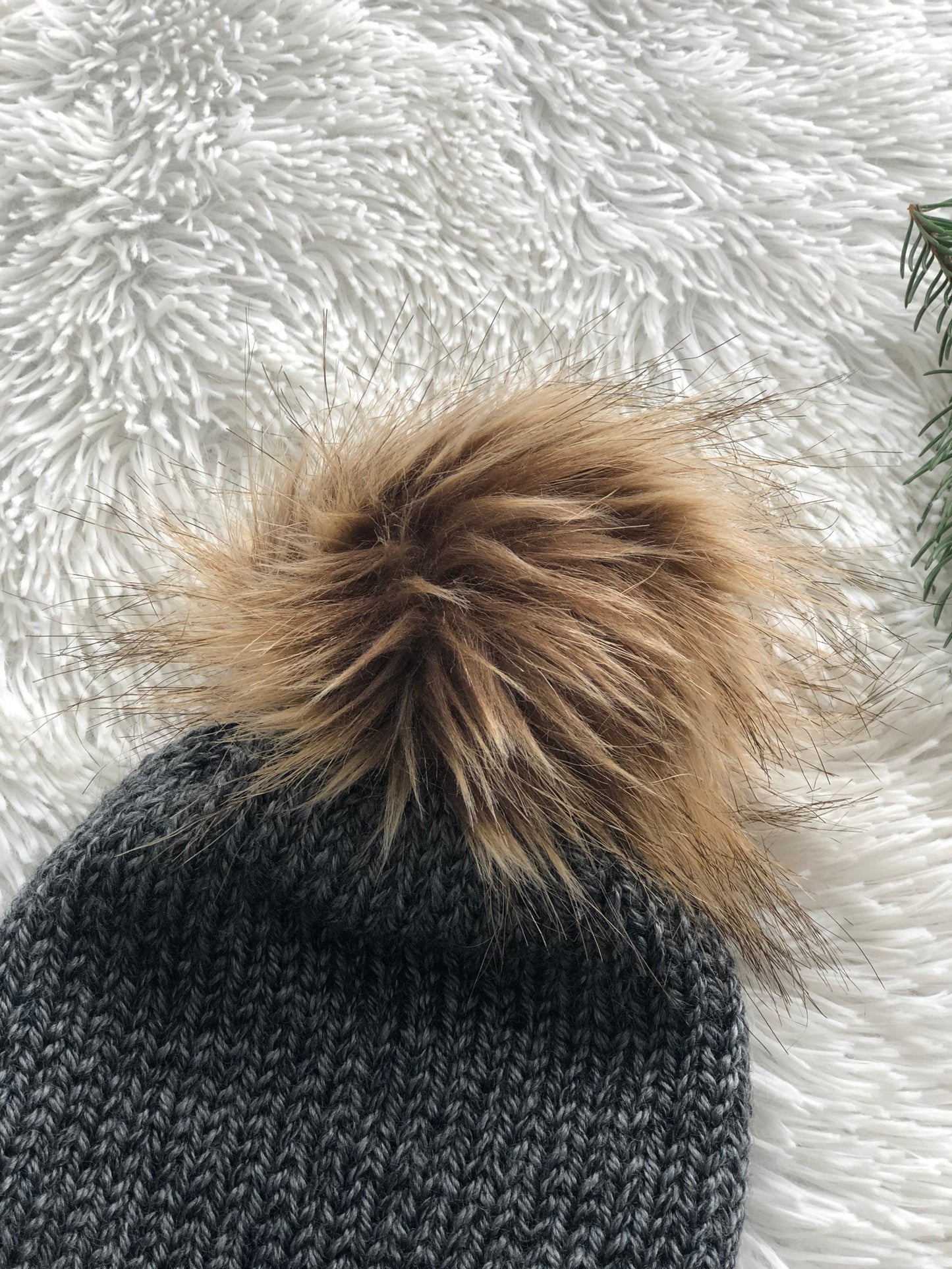 Cozy Knit Toque with Detachable Faux Fur Pom Pom Fall and Winter Hat for Women Grey Graphite & Black Two Tone Toque