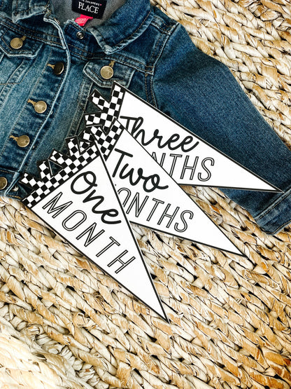 Black and White Checker Felt Pennant Monthly Milestones | Set of 13 | Includes Hello World
