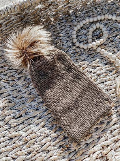 Cozy Knit Toque with Detachable Faux Fur Pom Pom Fall and Winter Hat for Women Cave Brown Toque