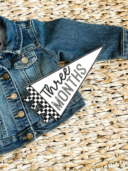Black and White Checker Felt Pennant Monthly Milestones | Set of 13 | Includes Hello World