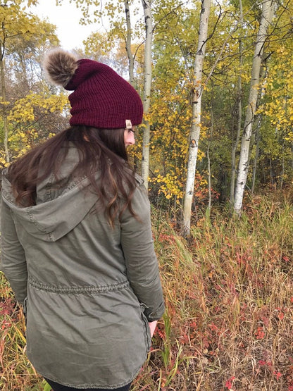 Cozy Knit Toque with Detachable Faux Fur Pom Pom Fall and Winter Hat for Women Burgundy Berry Toque