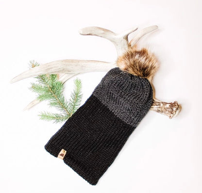 Cozy Knit Toque with Detachable Faux Fur Pom Pom Fall and Winter Hat for Women Grey Graphite & Black Two Tone Toque
