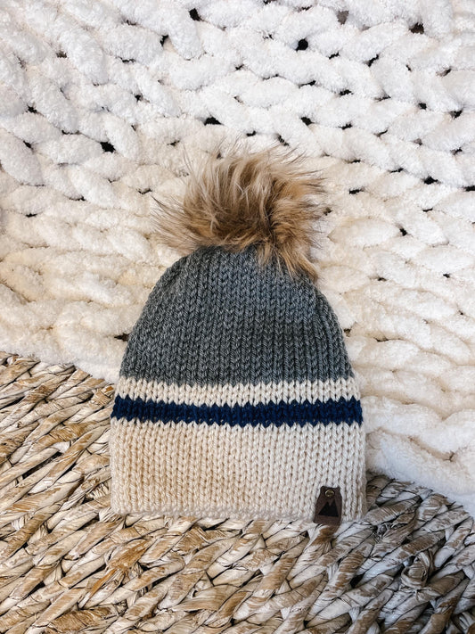 Grey Cream Navy Striped | Handmade | Knit | Beanie | Toddler