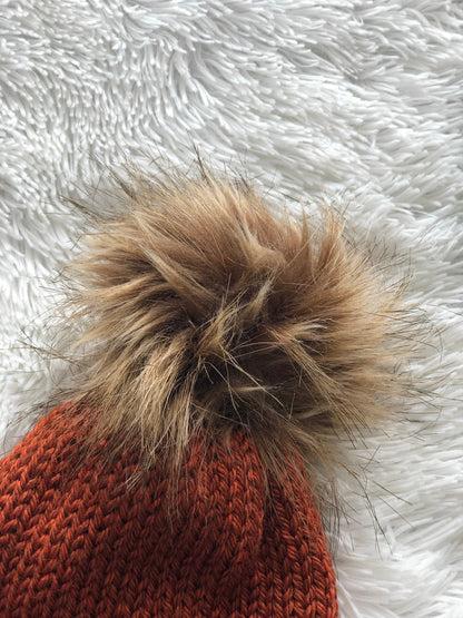Cozy Knit Toque with Detachable Faux Fur Pom Pom Fall and Winter Hat for Women Rust Orange Toque