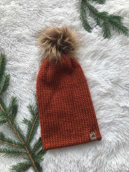 Cozy Knit Toque with Detachable Faux Fur Pom Pom Fall and Winter Hat for Women Rust Orange Toque