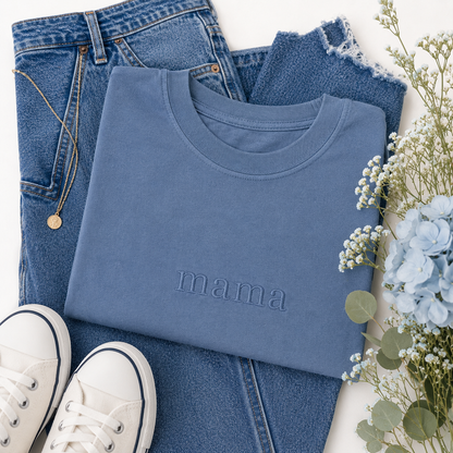 Vintage Wash Embroidered Mama Tee | Blue Jean