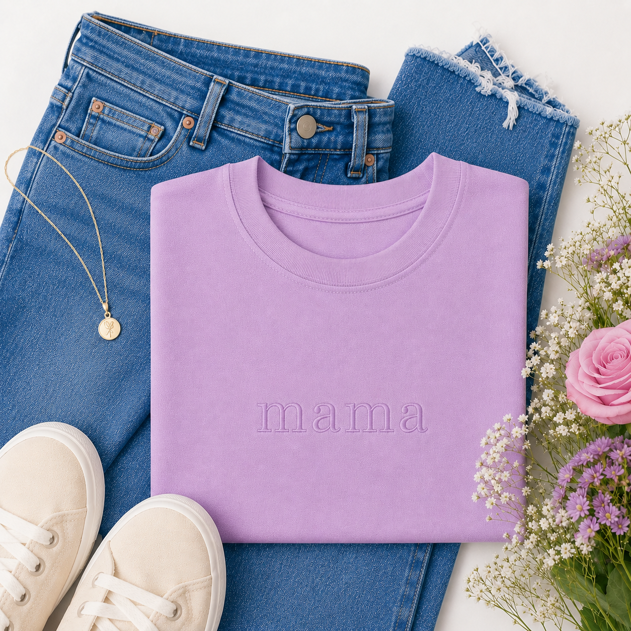 Vintage Wash Embroidered Mama Tee | Lilac