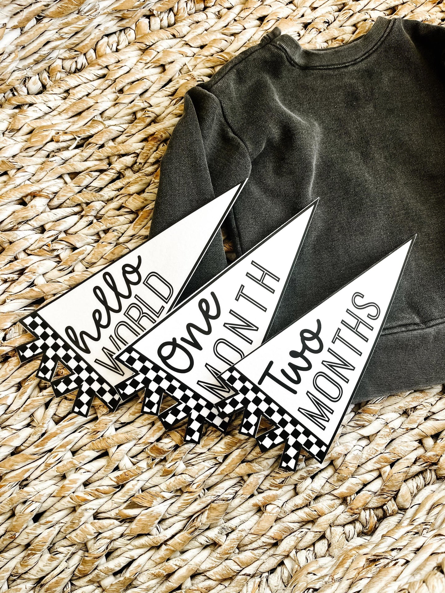 Black and White Checker Felt Pennant Monthly Milestones | Set of 13 | Includes Hello World