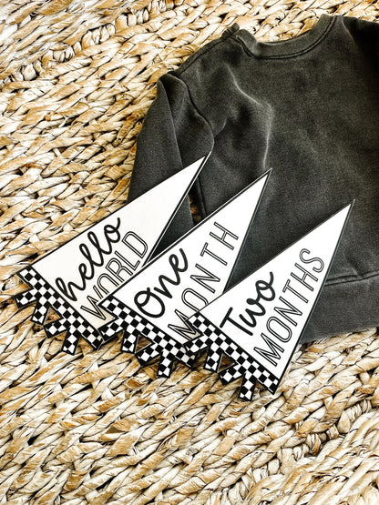 Black and White Checker Felt Pennant Monthly Milestones | Set of 13 | Includes Hello World