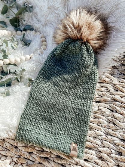 Cozy Knit Toque with Detachable Faux Fur Pom Pom Fall and Winter Hat for Women Rocky Mountain Green Toque
