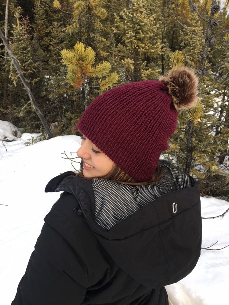 Cozy Knit Toque with Detachable Faux Fur Pom Pom Fall and Winter Hat for Women Burgundy Berry Toque
