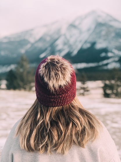 Cozy Knit Toque with Detachable Faux Fur Pom Pom Fall and Winter Hat for Women Burgundy Two Tone Toque