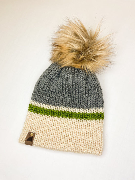 Grey Cream Green Striped | Handmade | Knit | Beanie | Toddler